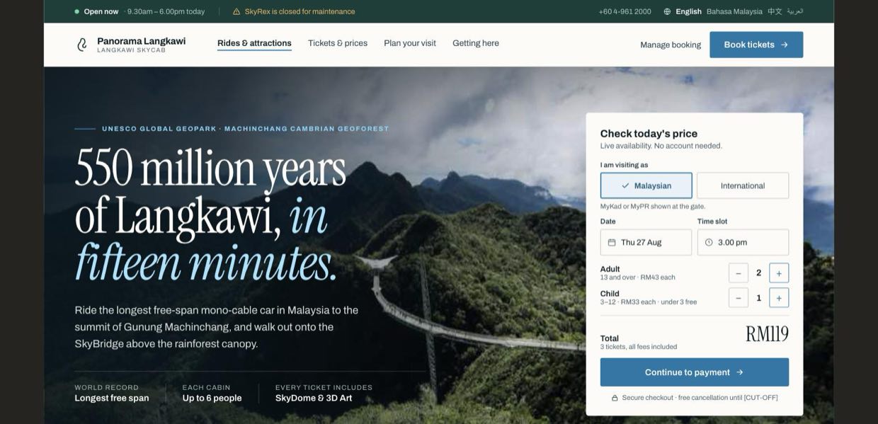Proposed homepage hero: a dark green status bar reading Open now, a white header with a Book tickets button, an aerial SkyBridge photograph, the headline 550 million years of Langkawi in fifteen minutes, and a booking card showing a RM119 total.