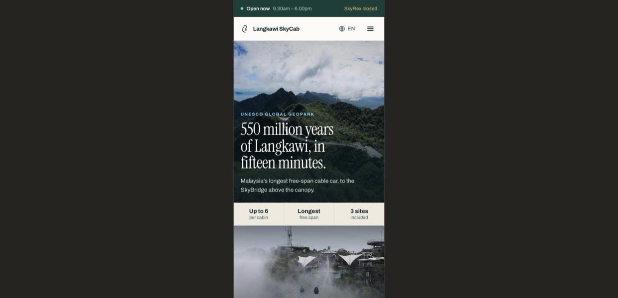The proposed mobile homepage: a compact status bar, a header with a language control and menu, the SkyBridge hero photograph with the headline, and a row of three verified facts.