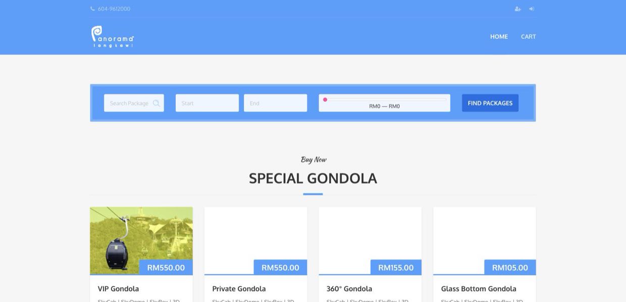 The booking storefront landing page, with a broken price filter reading RM0 to RM0, empty product images, and four premium gondola cards priced from RM105 to RM550.