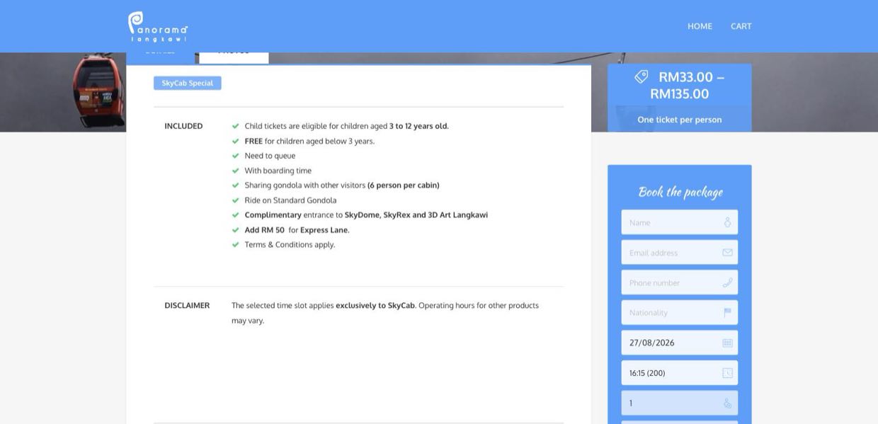 The SkyCab product page, showing a price range of RM33 to RM135, a list of inclusions mentioning SkyRex, and a booking form asking for name, email, phone and nationality.